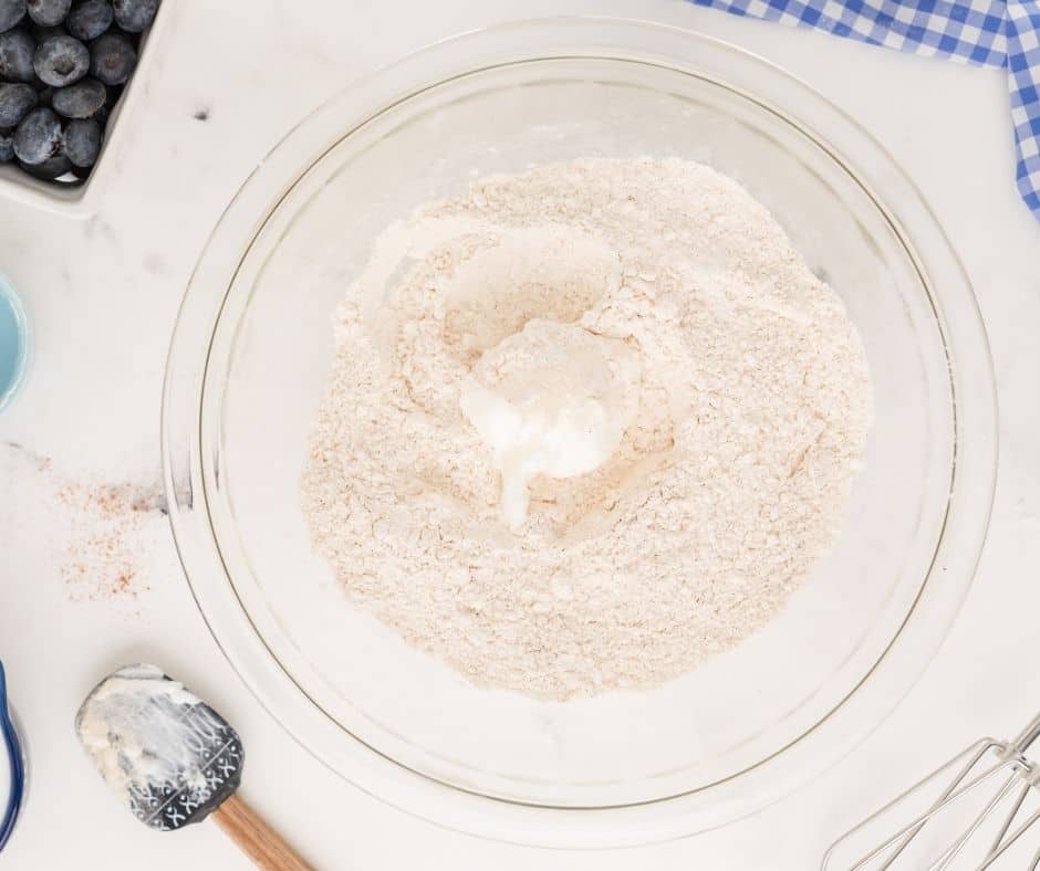 Flour, Baking powder, salt, sugar, in a bowl.