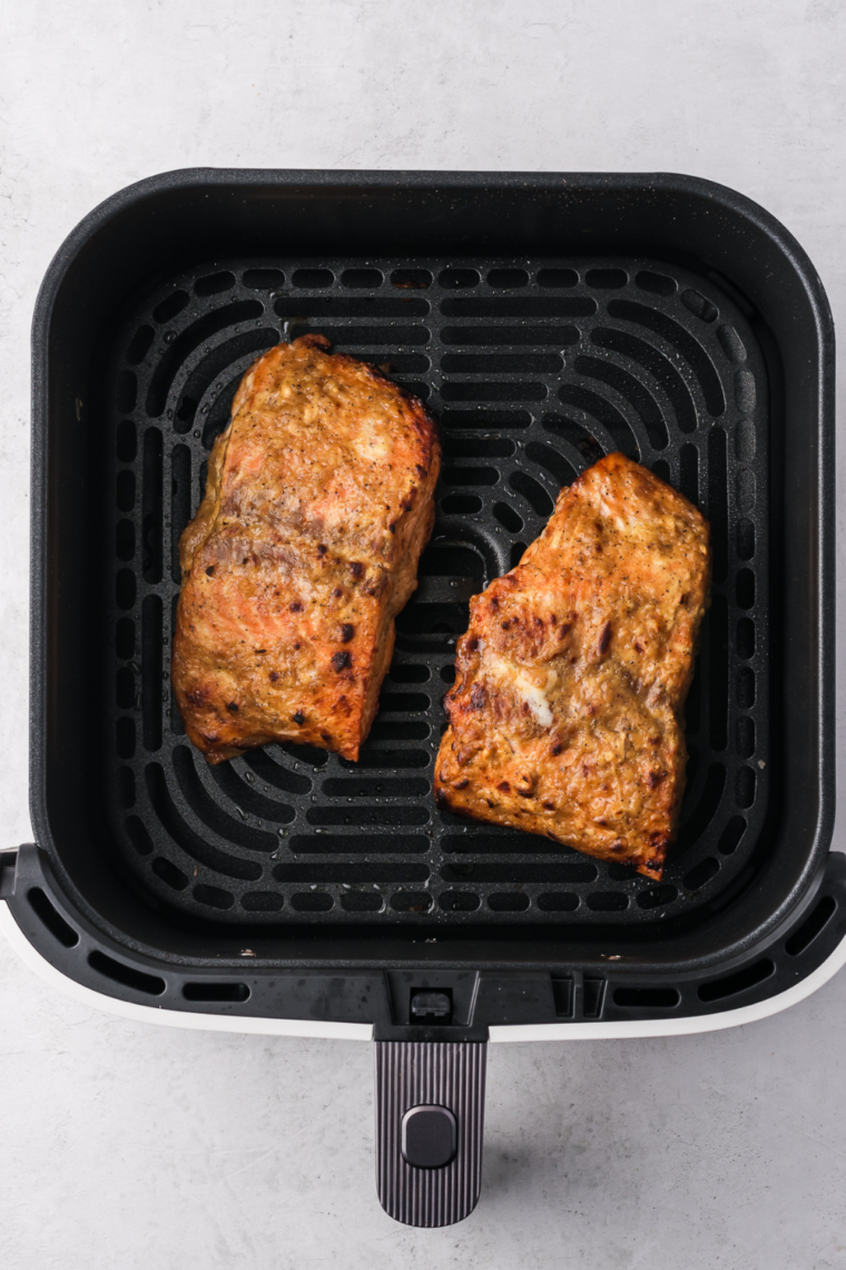 Cooked Frozen Salmon in the Air Fryer with the glaze.