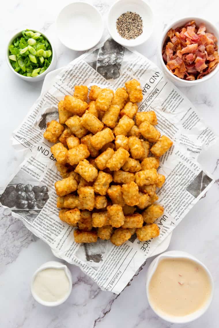 overhead: loaded tator tots made in air fryer surrounded by toppings in small bowls