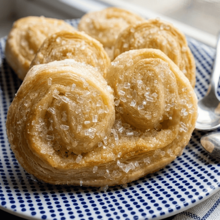 Golden, flaky Air Fryer French Palmiers arranged on a plate, showing delicate layers and caramelized sugar.