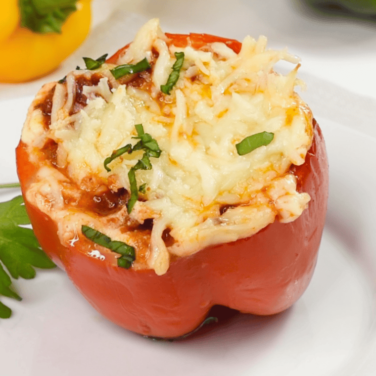 Air Fryer Lasagna Stuffed Peppers filled with seasoned beef, ricotta cheese, marinara sauce, and melted mozzarella.