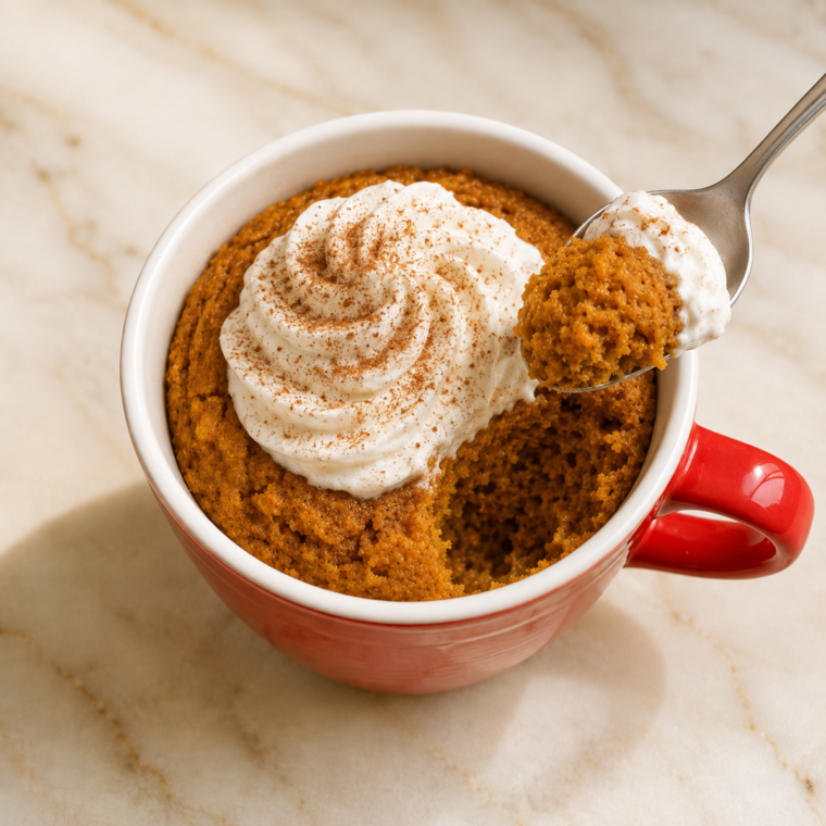 Spoon lifting a bite from an air fryer pumpkin mug cake topped with whipped cream