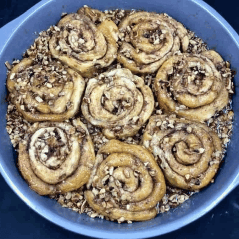 Copycat Cracker Barrel Buter Pecan Sticky Buns in bowl, ready to be served.