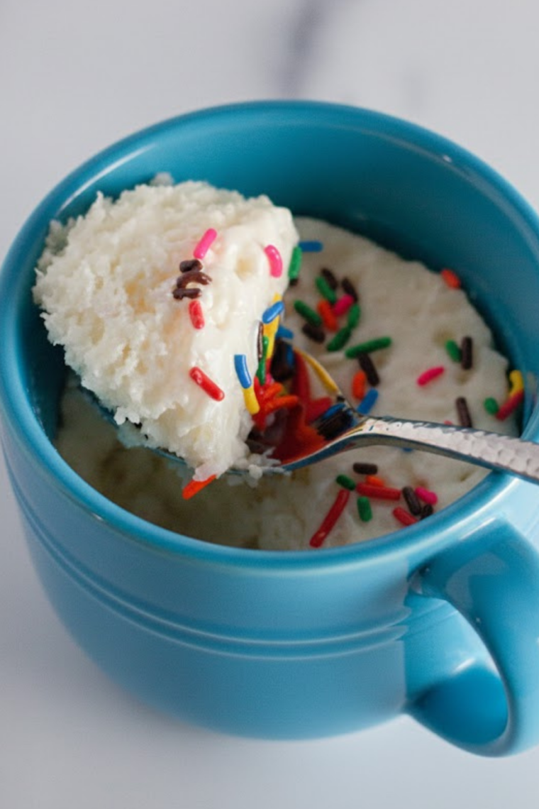 Fluffy air fryer vanilla mug cake served in a white mug, topped with whipped cream.