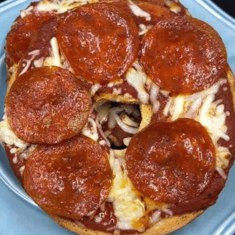 overhead closeup: pizza bagels air fryer recipe after cooking