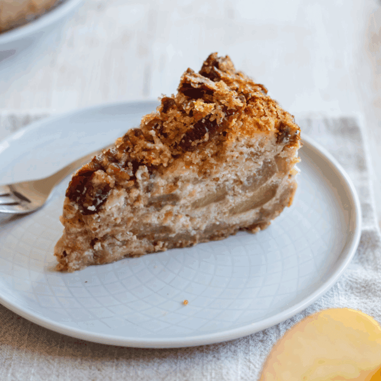 Slice of golden apple cake baked in the air fryer, served on a white plate with fresh apple slices.