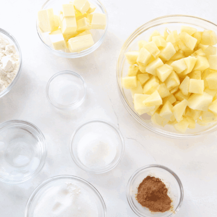 Ingredients needed for Air Fryer Apple Cake on kitchen table.