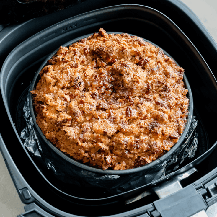 Golden apple cake sliced on a plate, baked in the air fryer with just 4 simple ingredients.