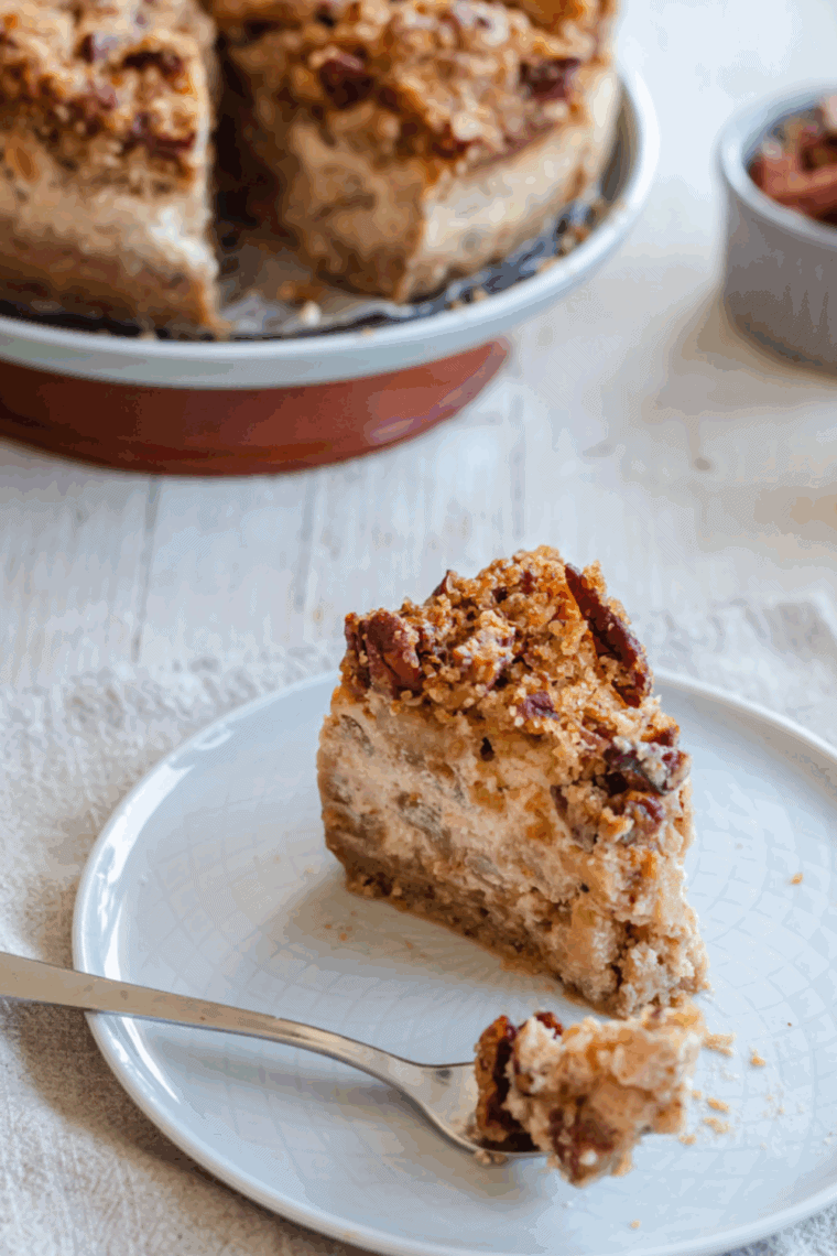 Slice of golden air fryer apple cake on a white plate with fresh apple chunks beside it.