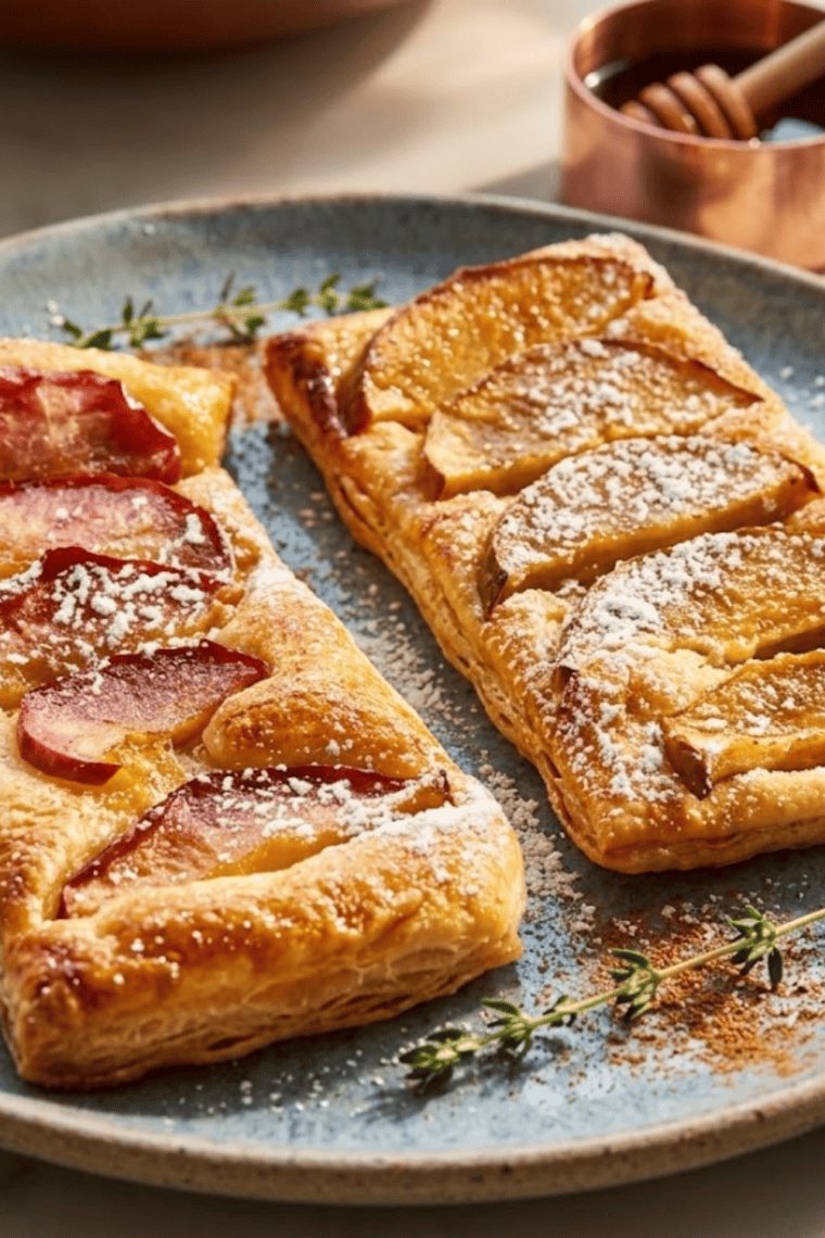 Finished air fryer cinnamon sugar apple puff pastry, puffed and golden brown
