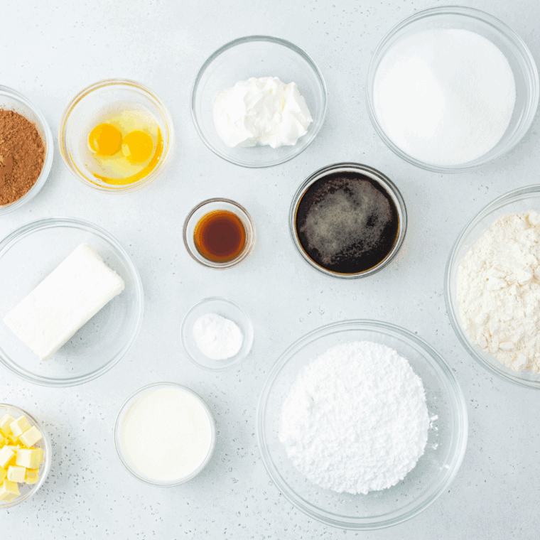 Ingredients needed for Air Fryer One Bowl Chocolate Cake on kitchen table.
