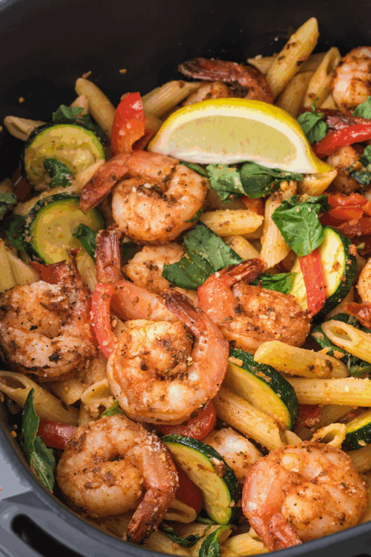 Grilled Texas Roadhouse-style shrimp skewers garnished with lemon wedges in air fryer basket.