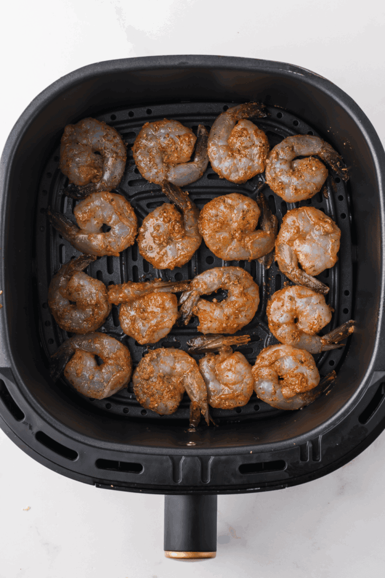 Seasoned shrimp arranged in a single layer inside the air fryer basket.