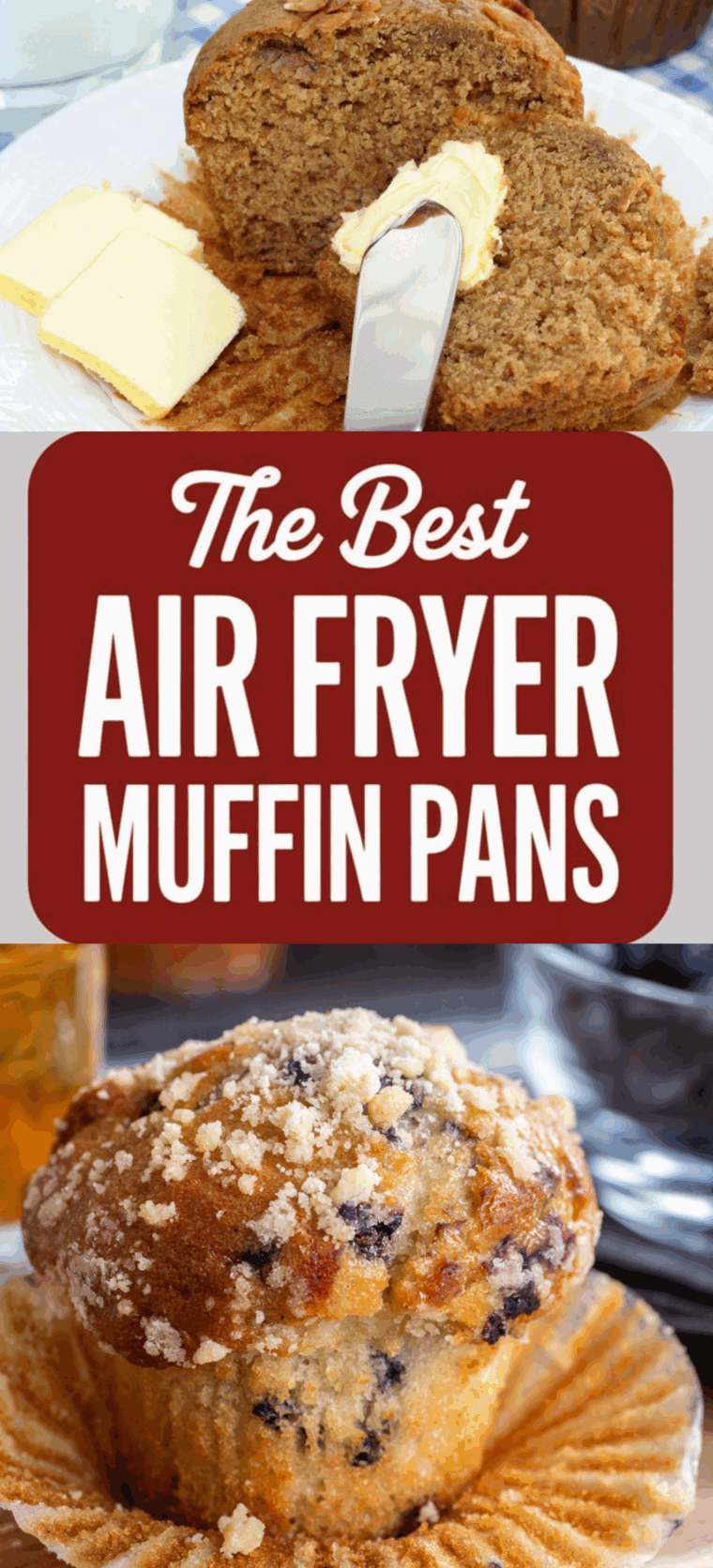 Top-rated air fryer muffin pans in silicone and metal styles arranged next to an air fryer in a kitchen setting.