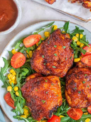 overhead: plate of air fryer BBQ chicken thighs