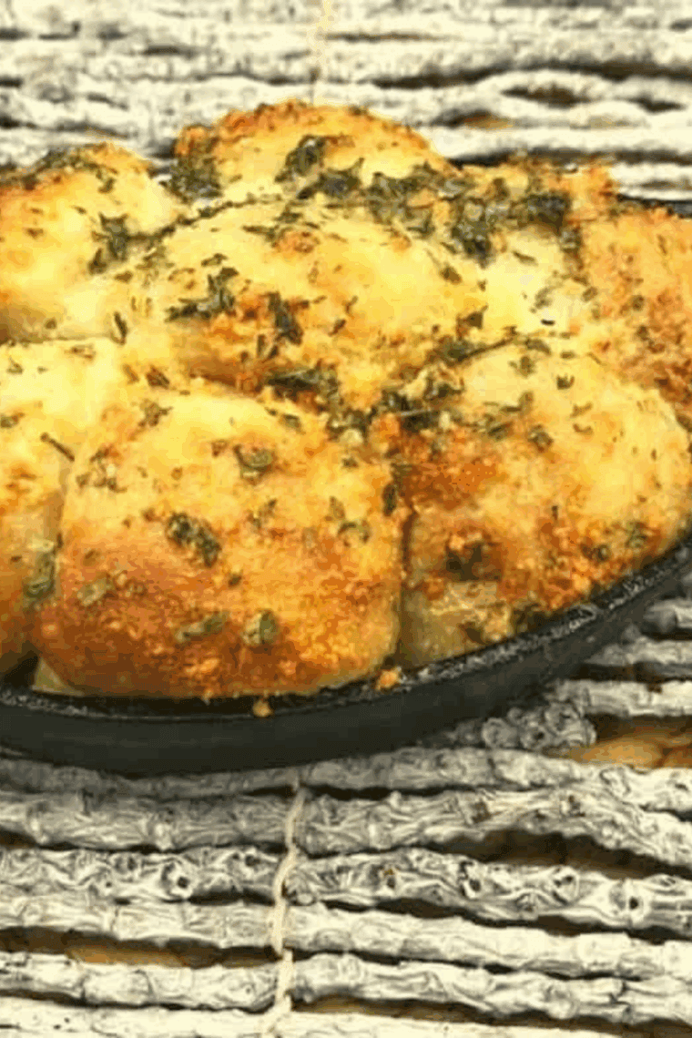 Golden, pull-apart garlic Parmesan monkey bread fresh from the air fryer