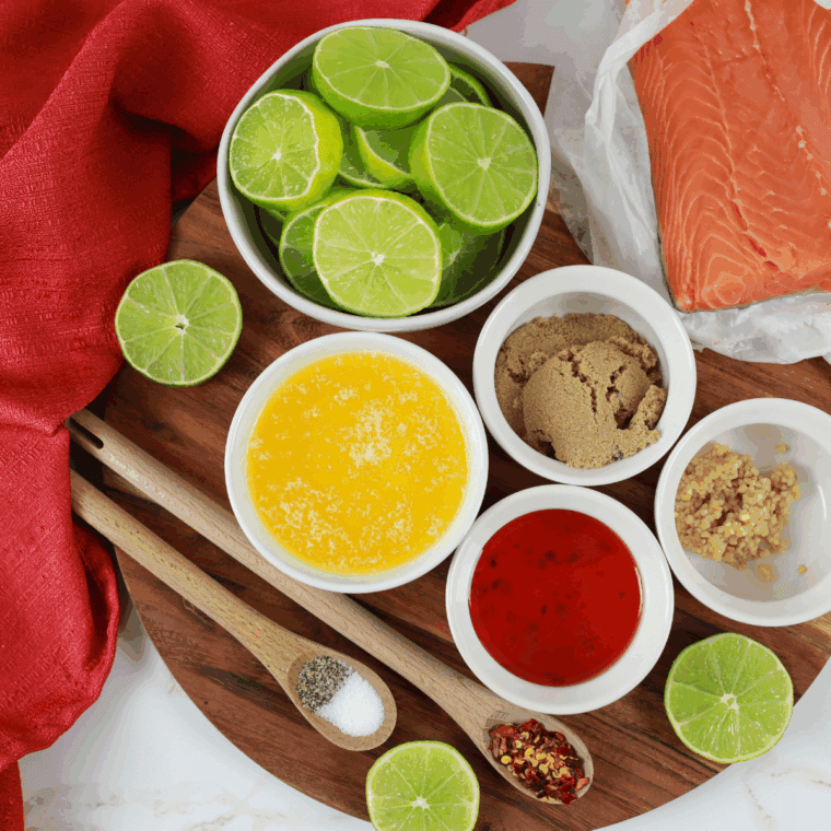 Ingredients needed for Air Fryer Salmon Kebabs on kitchen table.