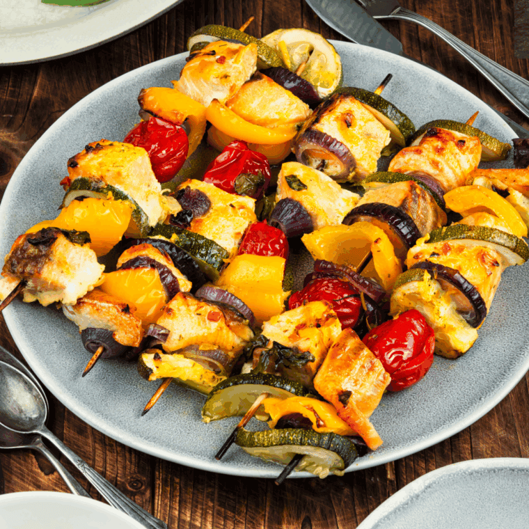 Plate of Air Fryer Salmon Kebabs. 