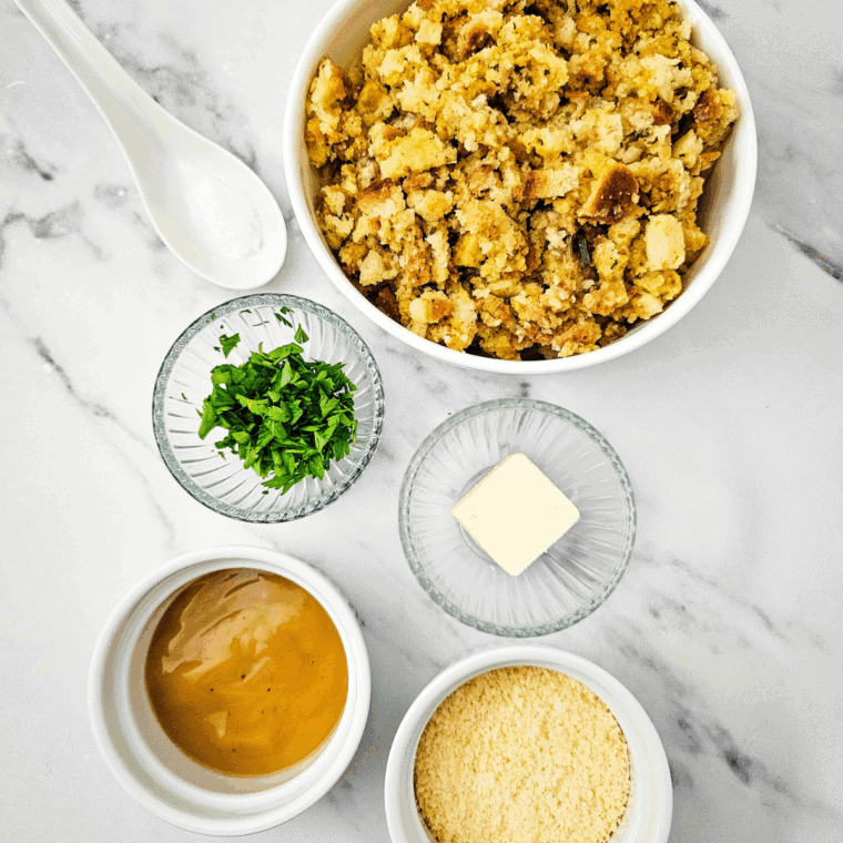 Ingredients needed for Air Fryer Stuffing Muffins on kitchen table.
