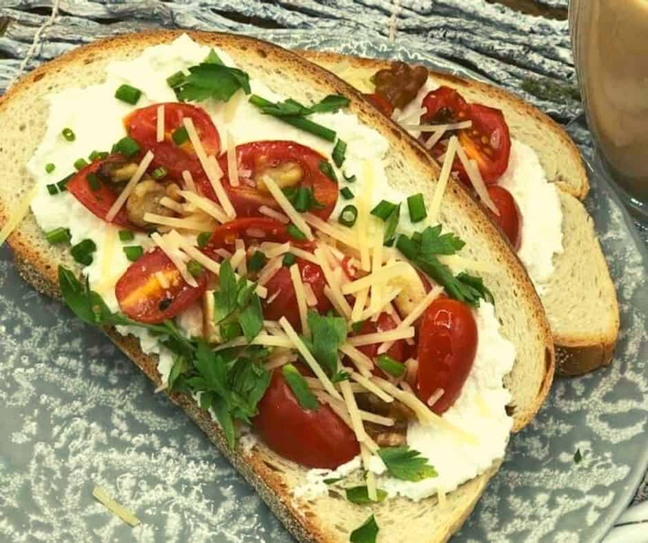 Air Fryer Ricotta Toast with Roasted Garlic and Tomatoes