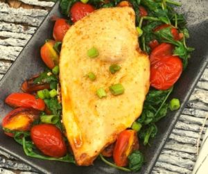 Air Fryer Chicken With Roasted Arugula And Tomatoes