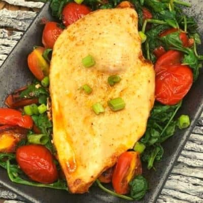 Air Fryer Chicken With Roasted Arugula And Tomatoes