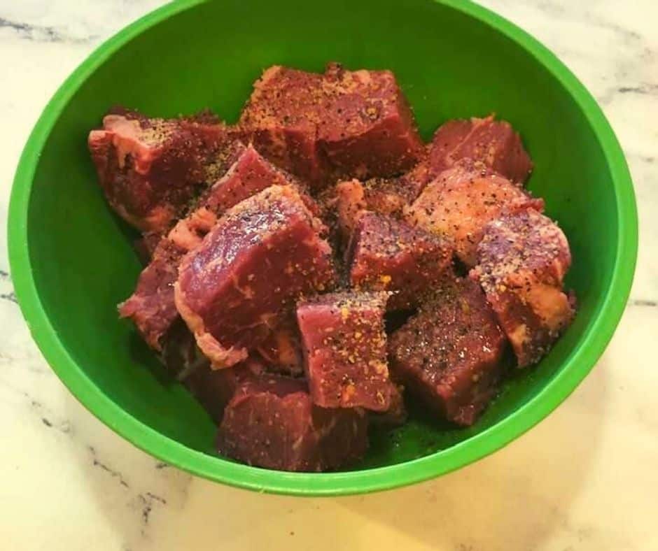Cut Up Steak Bites with Olive Oil and Seasoning