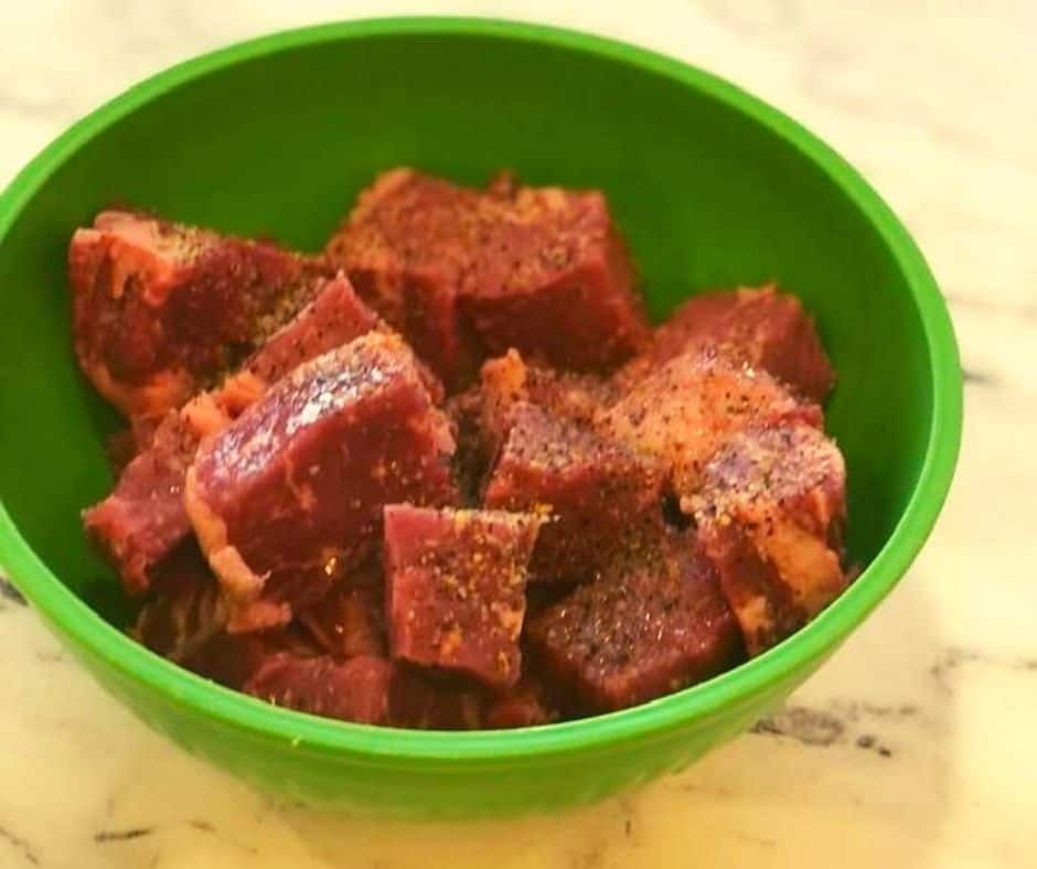 Cut Up Steak Bites with Olive Oil and Seasoning