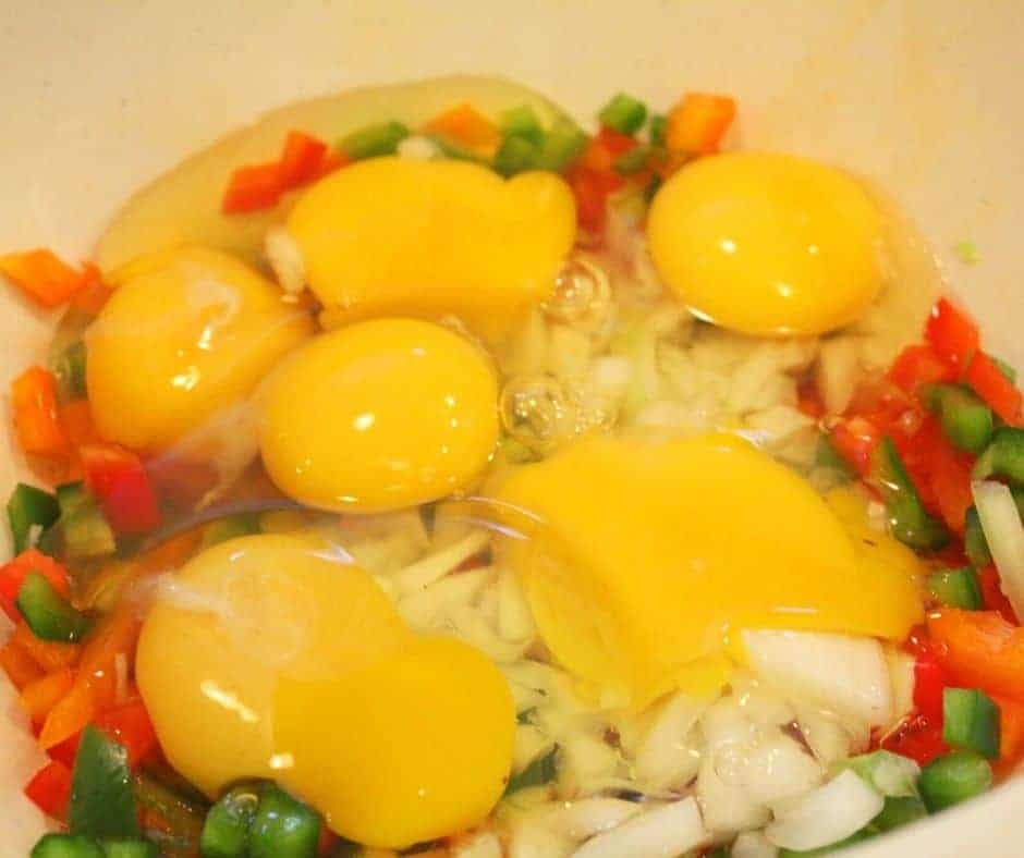 Add Eggs to Diced Vegetables-Ingredients In Easy Air Fryer Breakfast Frittata