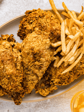 Captain Crunch Chicken tenders with french fries and Creole mustard dipping sauce, a Planet Hollywood copycat