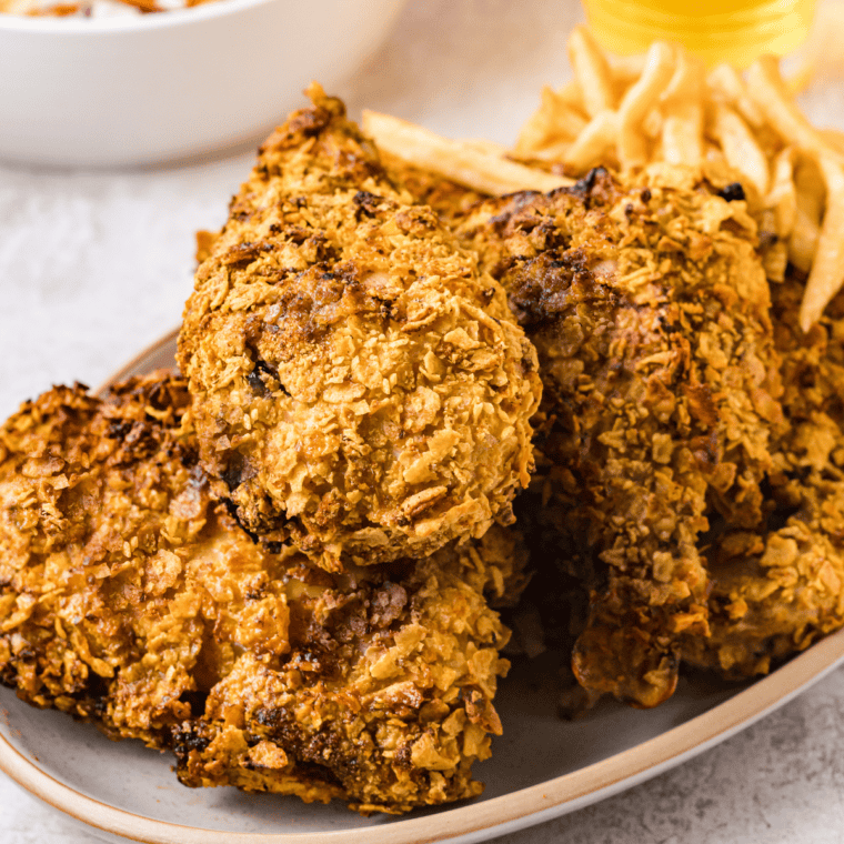 Sweet crunchy Captain Crunch Chicken with a side of french fries, Planet Hollywood copycat recipe