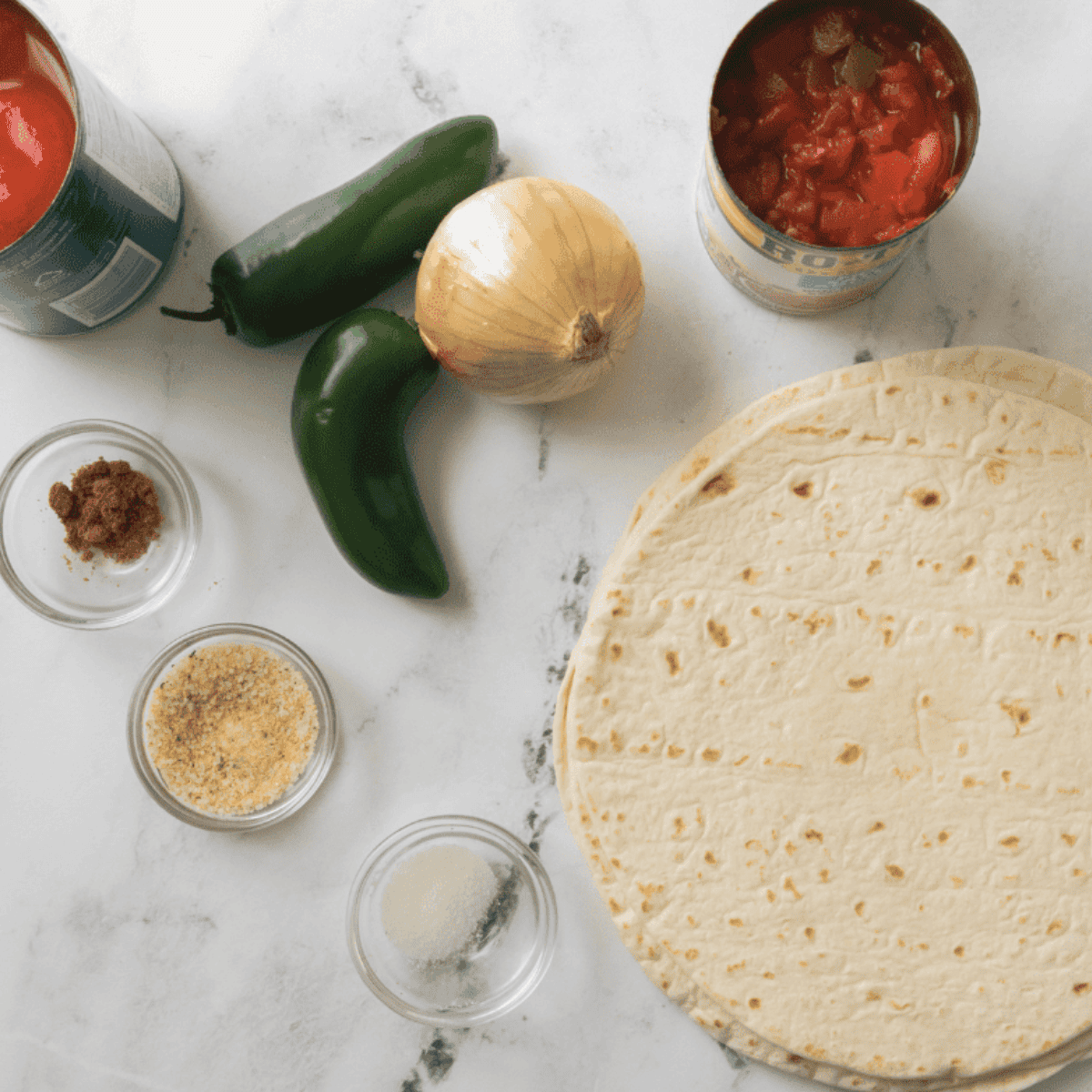 Ingredients needed for Copycat Chili’s Salsa on kitchen table.