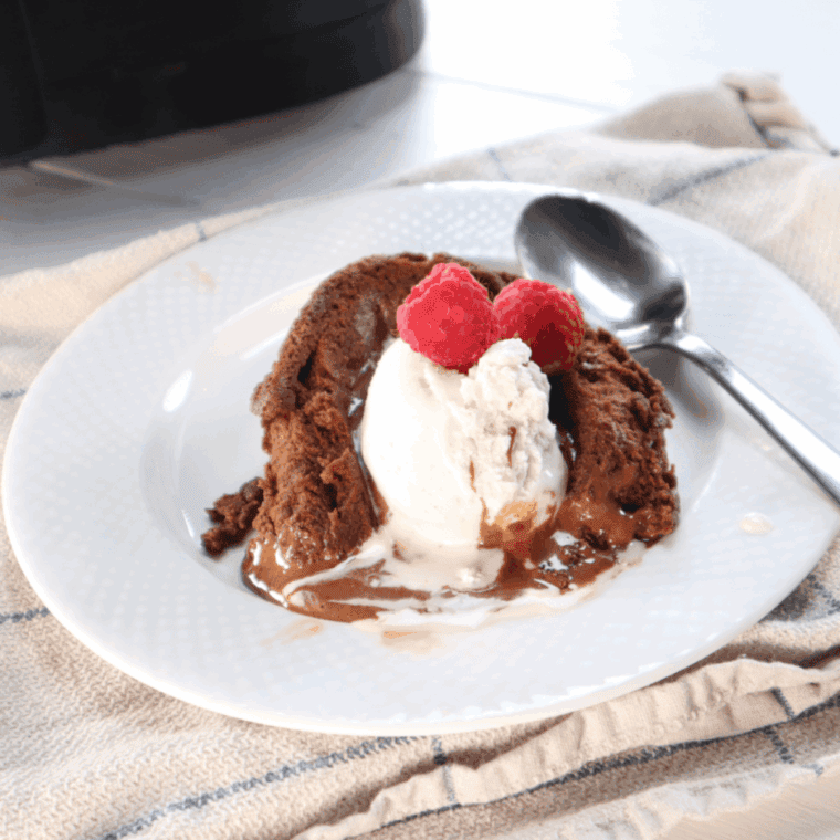 Plate with Domino’s style chocolate lava crunch cakes, showing melted chocolate center and crispy exterior.