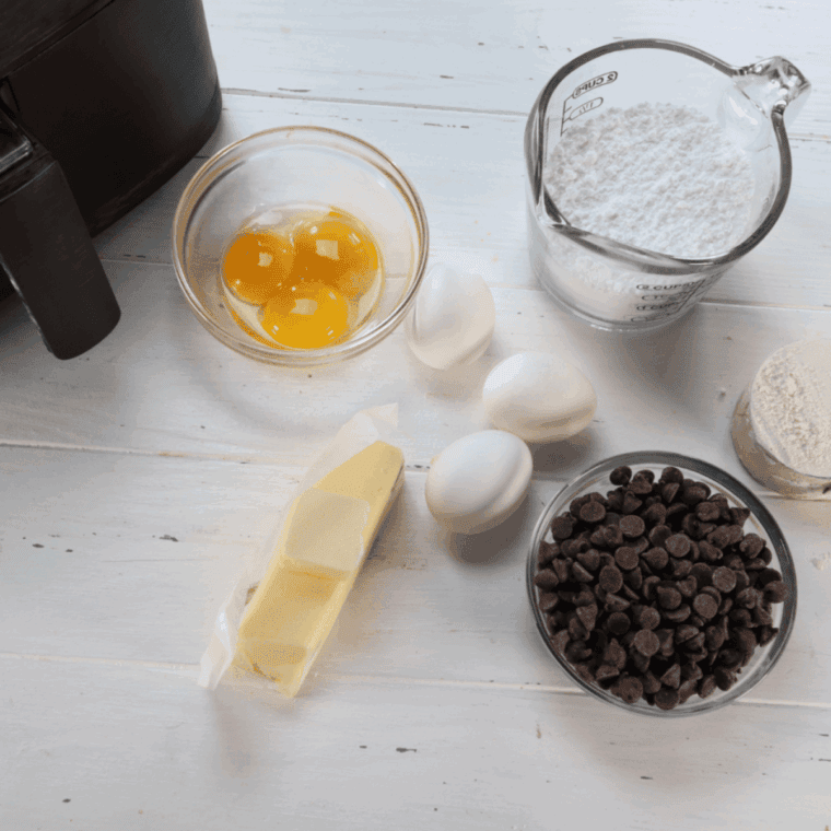 Ingredients needed for Domino's Chocolate Lava Crunch Cakes Recipe on kitchen table.