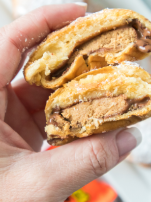 Air fryer Reese&rsquo;s peanut butter cup bombs baked until golden outside with melted chocolate and creamy peanut butter center for an easy dessert treat