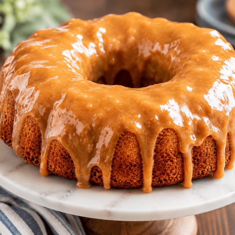 Whole cinnamon swirl bundt coffee cake baked in the air fryer, topped with caramel glaze