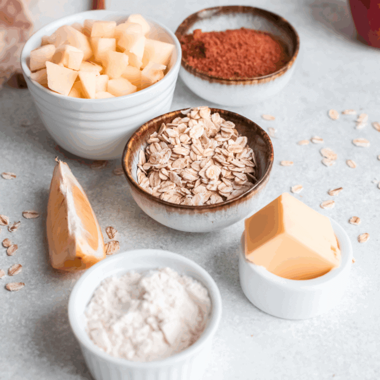 Cracker Barrel Apple Crisp Recipe ingredients on kitchen table.
