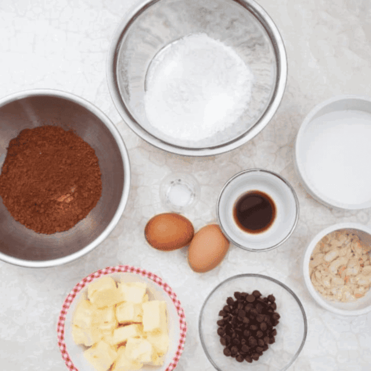 Ingredients needed for Golden Corral Brownie Recipe on kitchen table.