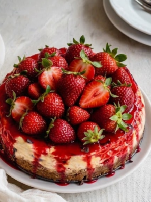 Instant Pot strawberry cheesecake with graham cracker crust and strawberry topping on white plate