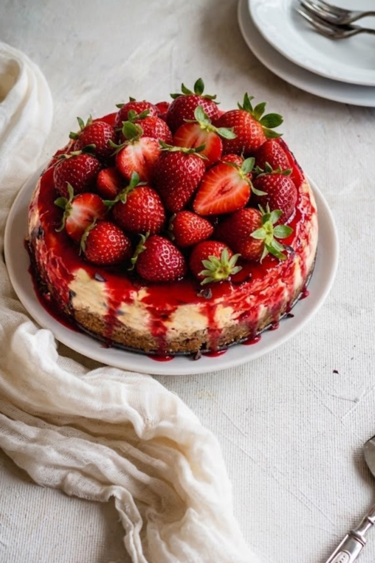 Slice of creamy strawberry cheesecake made in Instant Pot showing smooth texture and fresh strawberries