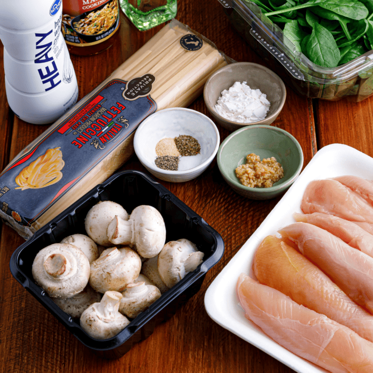 Ingredients needed for Restaurant-Style Cheesecake Factory Chicken Marsala Recipe on kitchen table.