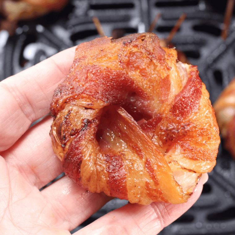 Air Fryer Bacon Wrapped Onion Rings with crispy bacon and tender onion, golden brown and perfectly cooked.