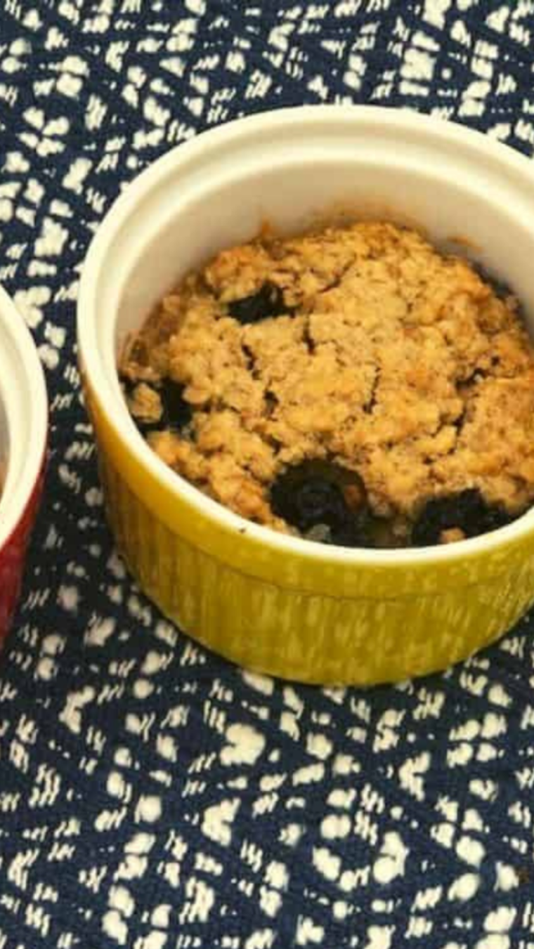 Air Fryer Baked Blueberry Oatmeal in ramekin on table