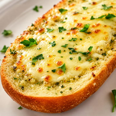 Air fryer cheesy garlic bread sliced into pieces, topped with browned melted mozzarella and parsley