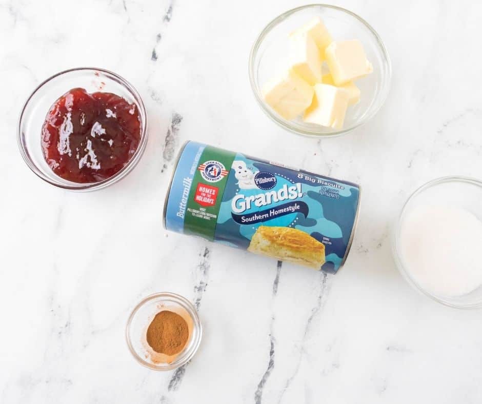 overhead: ingredients needed for air fryer donuts with grands biscuits