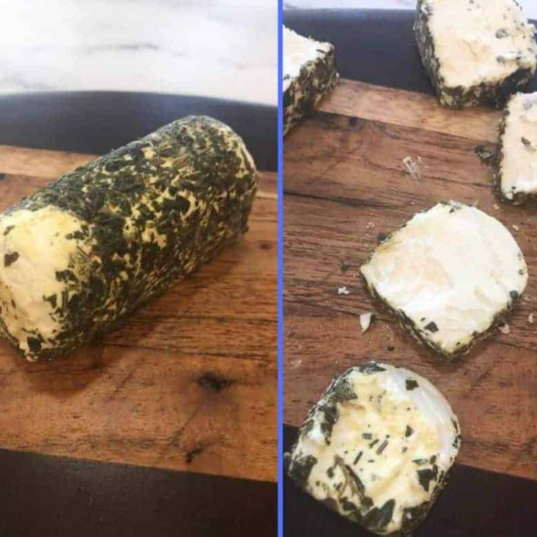 Preparing the goat cheese fritters on a wooden cutting board.