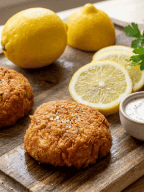 Golden crispy air fryer lobster cakes on a white plate with lemon wedges