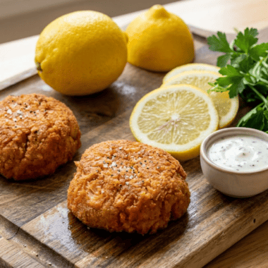 Golden crispy air fryer lobster cakes on a white plate with lemon wedges