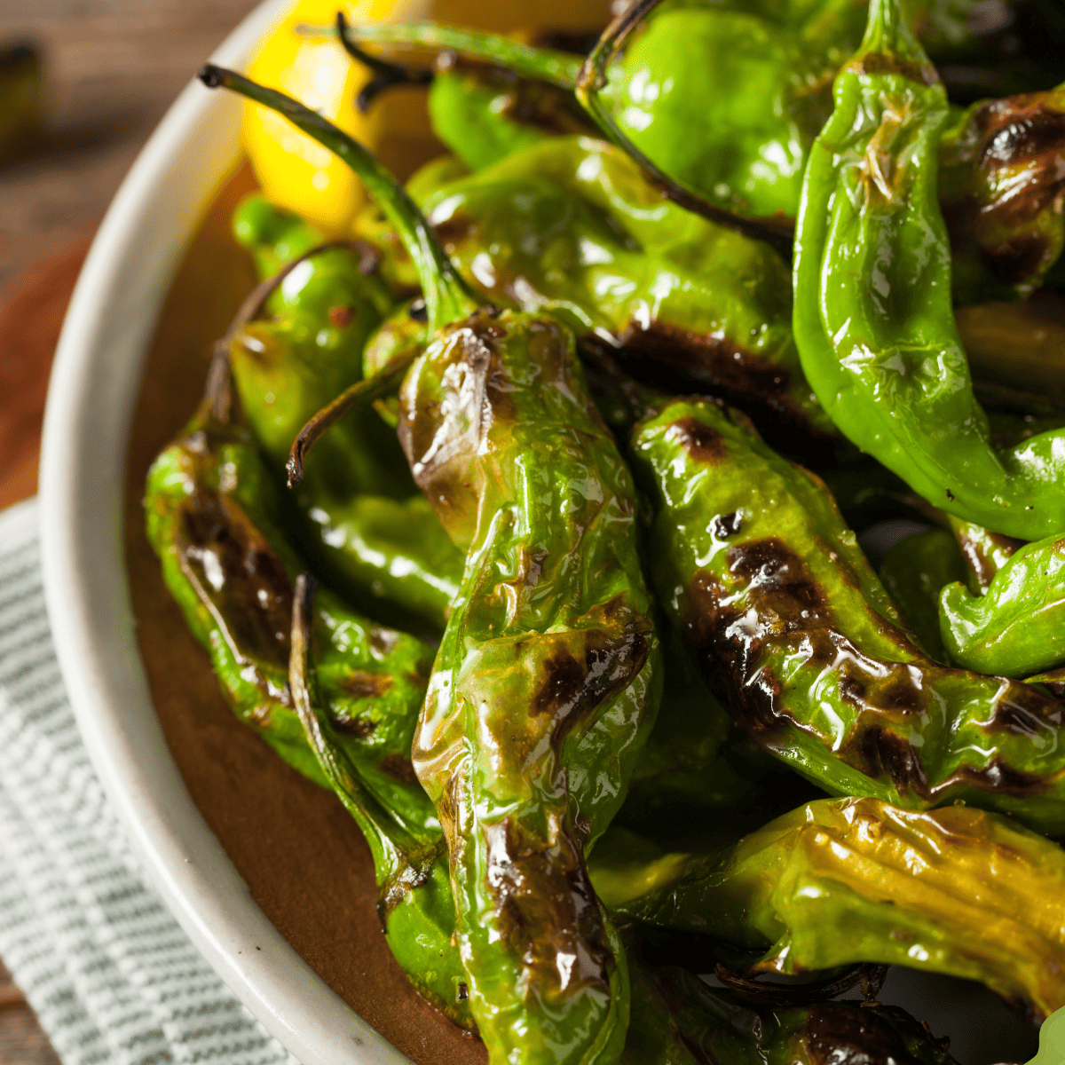 Benihana-style shishito peppers, blistered and served on a plate with dipping sauce.