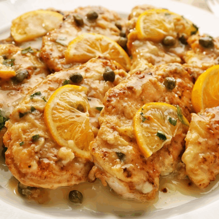 Homemade Carrabba’s Chicken Piccata with lemon-caper sauce served on a dinner plate.